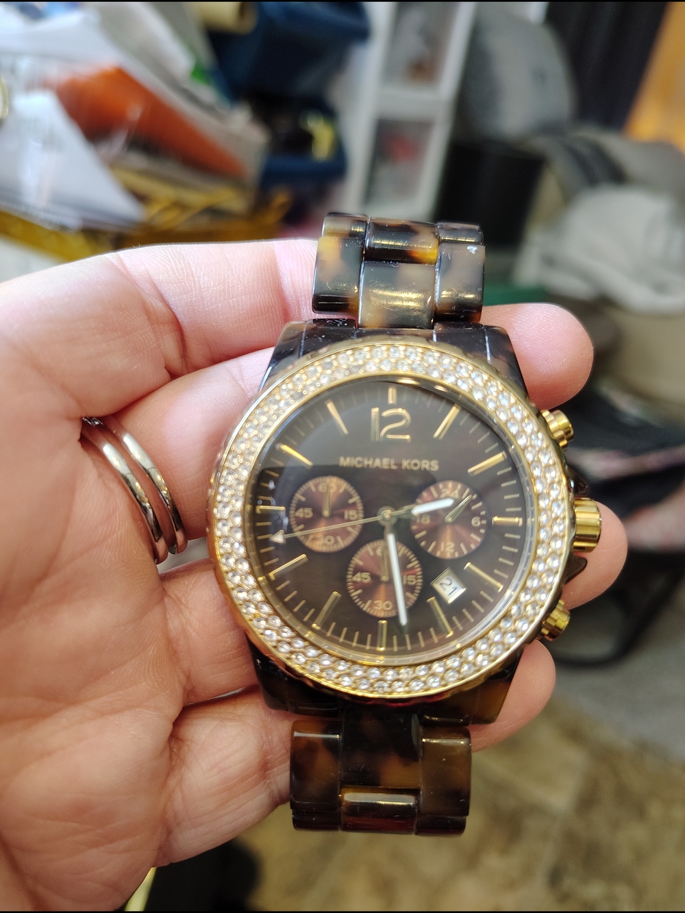 Michael Kors Tortoiseshell Resin Watch with Crystal Bezel